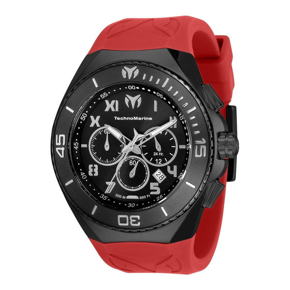 Reloj pulsera Technomarine TM-220000 con correa de silicona color borgoña - fondo negro - bisel gunnmetal/acero