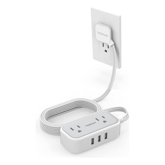 Enchufe De Viaje Ultraplano Con Puertos Usb, Cable De 3 M De