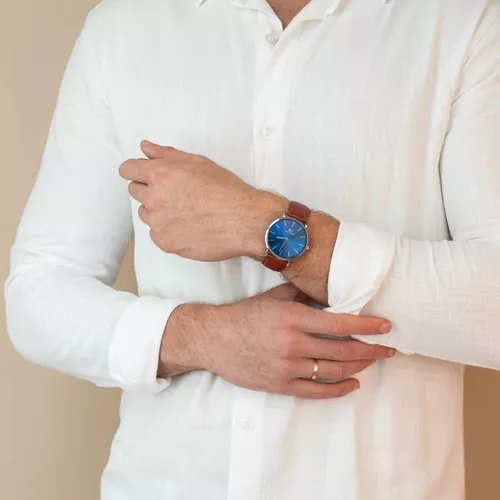 Relógio Masculino Pulseira Prata Fundo Azul Harlem Blue Silver 40mm