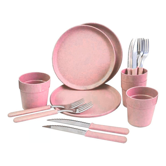 Set Plato Vaso Y Cubiertos Areia Carol Color Rosa