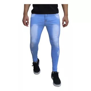 Calça Jeans Masculina Super Skinny Manchada Stretch Rasgada