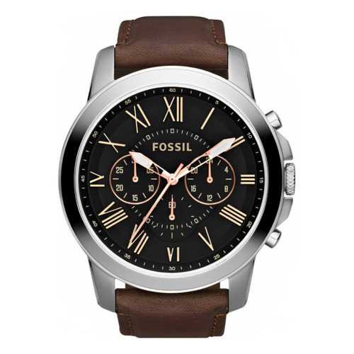 Reloj pulsera Fossil Grant FS4813/0PN de cuerpo color plateado, digital, para hombre, con correa de cuero color marrón y hebilla simple