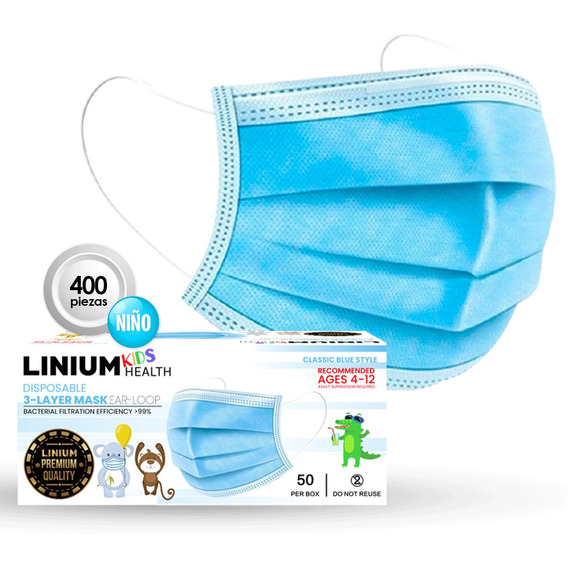 Cubrebocas Tapabocas Linium Tricapa Termos Infantil Ajuste Nasal Niño 400 Pzs Azul