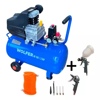 Compresor De Aire 50 Lts 2,5 Hp Wolfer + Kit 5 Accesorios