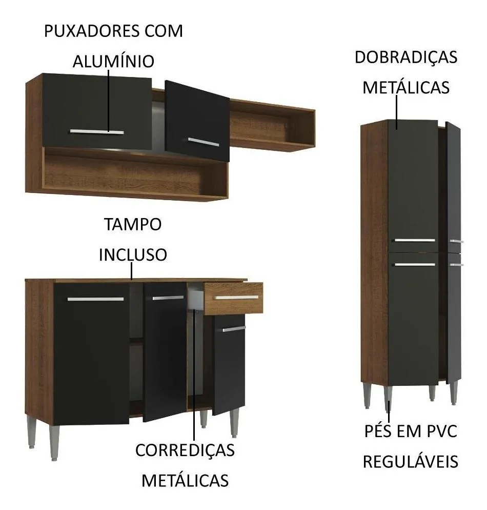 Armário de cozinha modulada completa compacta Emilly pop com armário e balcão cor rustic/preto - Imagem 5