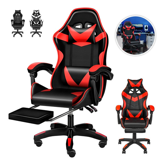 Silla Gamer De Escritorio Oficina Con Reposapies Muy Comoda Color Rojo Material Del Tapizado Cuero Sintético