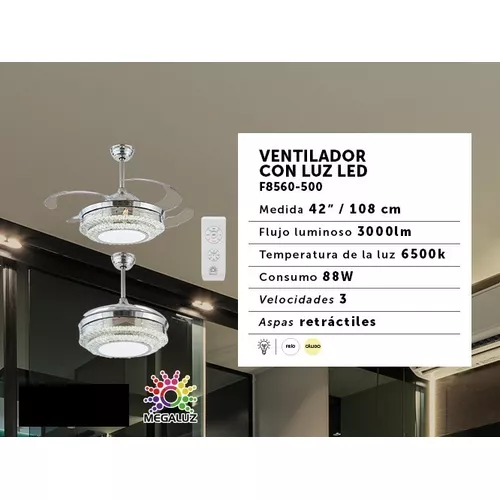 Ventilador de Techo Plateado Retráctil con Iluminación LED de Megaluz