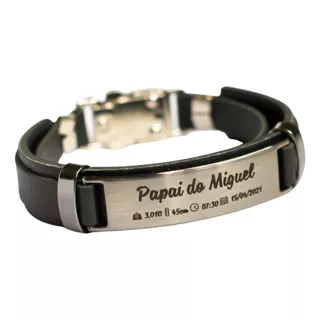 Pulseira Couro Masculina Gravada Dados Nascimento Filhos