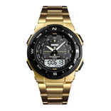 Relógio de pulso Skmei 1370 com corpo dourado,  analógico-digital, para masculino, fundo  preto e cinza, com correia de aço inoxidável cor dourado, agulhas cor prata e preto, subdials de cor preto e d
