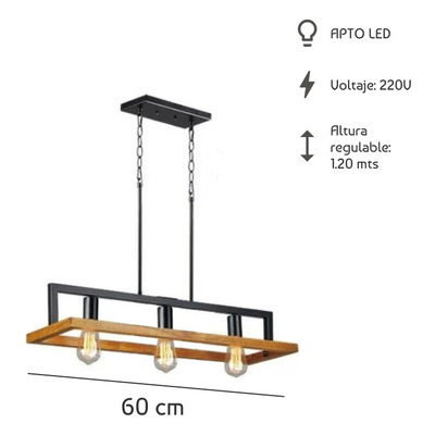 Colgante 3 Luces Woody 115 Madera Negro Industrial Apto Led