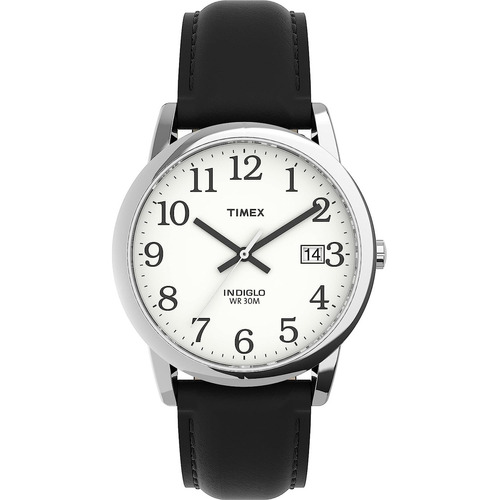 Reloj Timex T2h281 Men's Easy Reader Date Fecha De Cuero Color De La Correa Negro Color Del Bisel Plateado Color Del Fondo Blanco