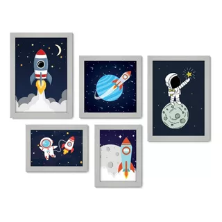 Kit Com 5 Quadros Decorativos - Foguete Astronauta Infantil Cor Moldura Branca
