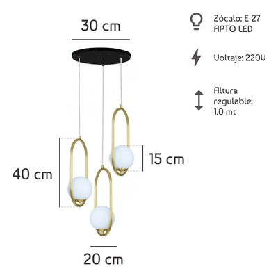 Colgante 3 Luces Marsella Oval Dorado Globo Opal B Redonda