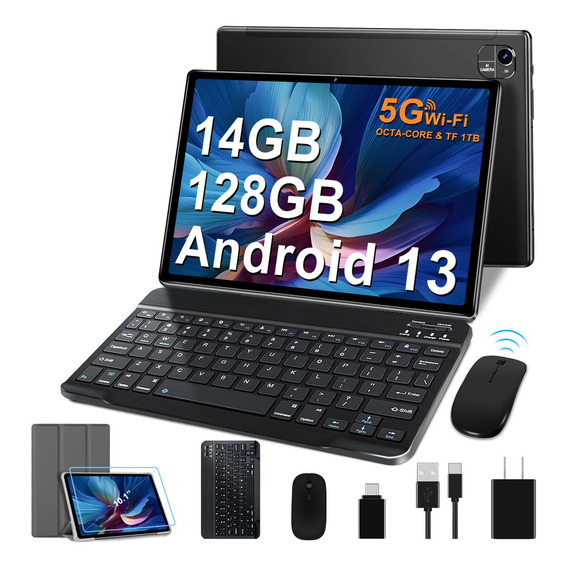 2024 Tablet Erok Q10 PRO 10.1" 128GB negra y 14GB de memoria RAM TF 1TB Expansión Octacore 2.0Ghz WIFI 2.4G 5G Bluetooth 5.0 Certificación Google GMS Con Funda Widevine L1 Tablet con Teclado y Raton