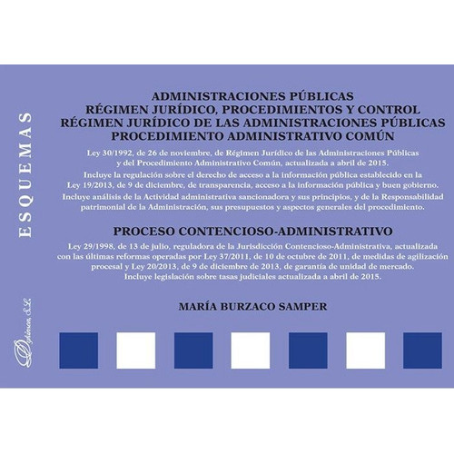 Administraciones PÃÂºblicas. RÃÂ©gimen jurÃÂdico, procedimientos y control. RÃÂ©gimen jurÃÂ..., de Burzaco Samper, María. Editorial Dykinson, S.L., tapa blanda en español