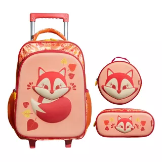 Kit Mochila Escolar Infantil Menino Raposa Rodinha Estojo