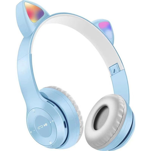 Audifonos Orejas De Gato Led Diadema Bluetooth Inalámbricos Color Celeste
