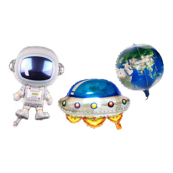 Set 3 Globos Astronauta Planeta Tierra Y Ovni Cumpleaños