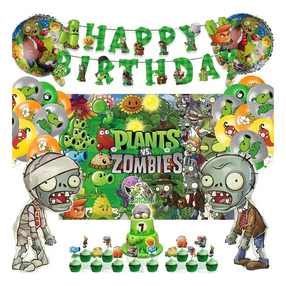 Cotillon Cumpleaños Plantas Vs Zombies Globos+ Tela De Fondo