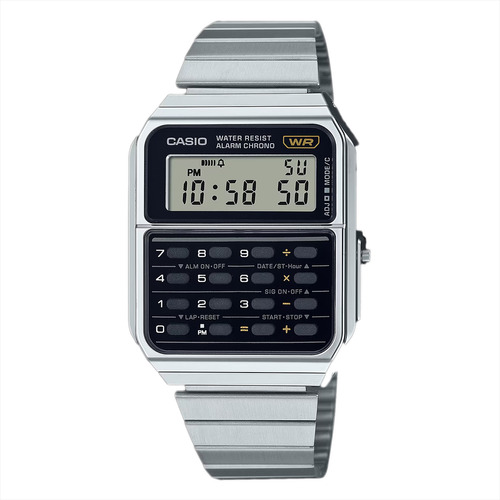 Reloj pulsera Casio CA-500WE-1ADF, digital, fondo negro, con correa de acero inoxidable color plateado, bisel color plateado y desplegable