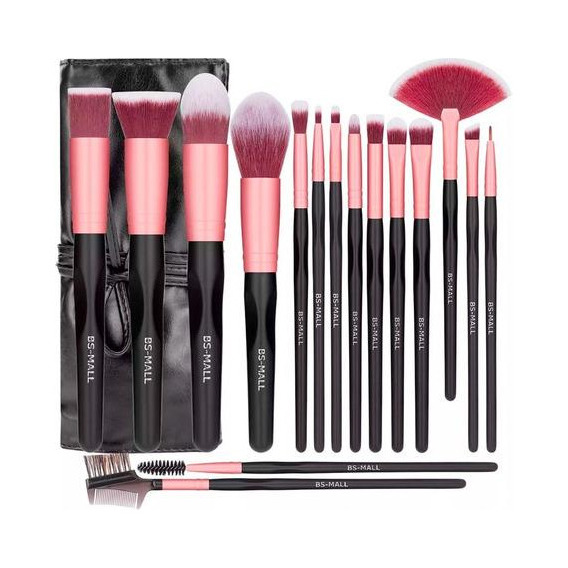 Set De 16 Brochas Bs-mall Para Maquillaje Con Estuche Manta Color Rosa