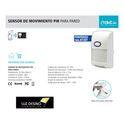 Sensor De Movimiento Pared At-pir Para Alarma At-set Tbcin