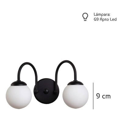 Aplique Lyon Elyn 2 Luces Negro Globo Opal Apto Led G9