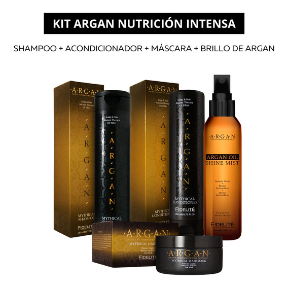 Kit Fidelite Myth Argan Shampoo + Acond + Oleo + Mascarilla 
