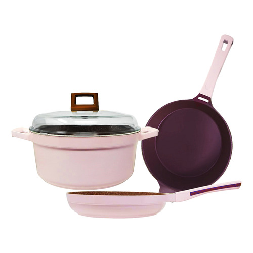 Batería De Cocina 4 Piezas Alfa Olla Sartenes Tapa Rosa Color Rojo