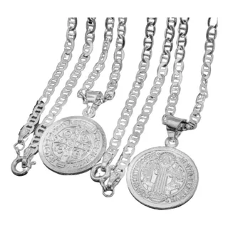 Conjunto Cadena Y Medalla San Benito En Plata Fina Ley 925 