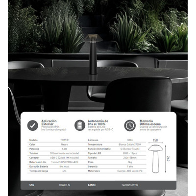 Lampara Velador De Mesa Tower Inalámbrica Led Dimer Mc