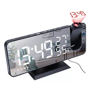 Espelho Led Despertador Mesa Digital Projetor De Teto Alarme Cor Preto