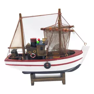 Barco Pesqueiro 20cm Madeira Miniatura Decoração