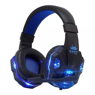 Fone De Ouvido Over-ear Gamer Knup Kp-397 Preto E Azul Com Luz  Azul Led