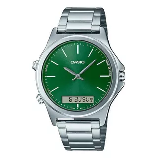 Reloj Casio Hombre Mtp-vc01d-3e Analogo Digital Fondo Verde Color De La Malla Plateado Color Del Bisel Plateado