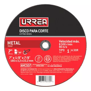 Disco Abrasivo Tipo 1 Para Metal 4-1/2  X 1/16  Urrea
