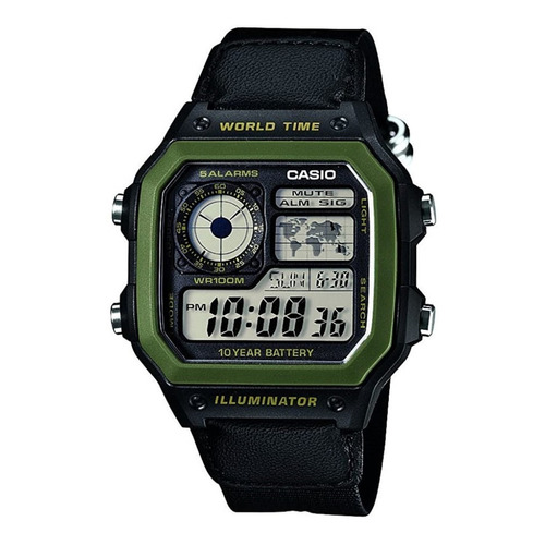Reloj pulsera digital Casio AE-1200 con correa de tela color negro/verde - fondo negro