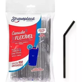 500 Canudo Preto Flexível Strawplast Para Drinks