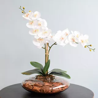 Arranjo 2 Orquídeas Artificiais Brancas No Vaso De Vidro