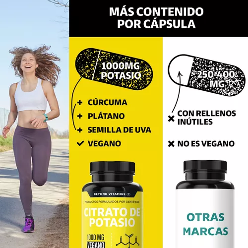 Citrato De Potasio 1000mg Con Platano En Polvo, Curcuma Y Semilla De Uva -  Potassium Citrate- Sin Rellenos - 180 Cápsulas