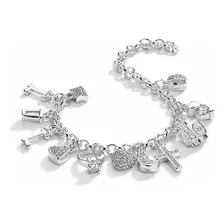 Pulseira Prata Feminina 925 Com 12 Berloques Ajustável Therêh Pingentes Joias Moderna Fecho Lagosta Pulseira Com 20cm Comprimento