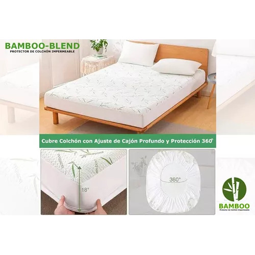 Suave Cubrecolchon Impermeable Bamboo Queen Size Forro Color Blanco/verde Diseño De La Tela Fibra Bamboo / Poliester