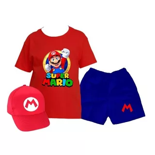 Conjunto Short + Polera + Gorro Estampado Diseño Mario Bros