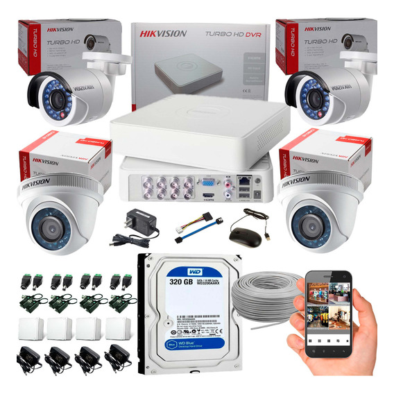 Cctv Hikvision Kit Dvr 8ch + 4 Cám +disco Duro + Accesorios 