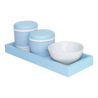 Kit Higiene Bandeja Azul Potes Porcelanas Azul Menino Bebê