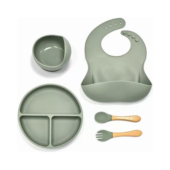 Set De Alimentación Silicona Bowl Y Cubiertos Bebés 5pcs