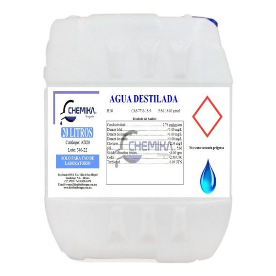 Agua Destilada , Desmineralizada Certificada 20 Lts Chemika