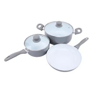 Bateria Cocina 3 Piezas Olla Sarten Ceramica Chic Gris