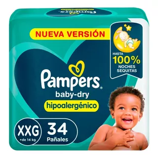 Pampers Baby Dry Hipoalergénico, Pañales Desechables Talle Xxg 34 Unidades