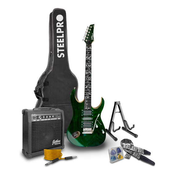 Paquete Guitarra Electrica Jethro Series By Steelpro 044 Color Verde Oscuro Material Del Diapasón Alamo Negro Orientación De La Mano Diestro